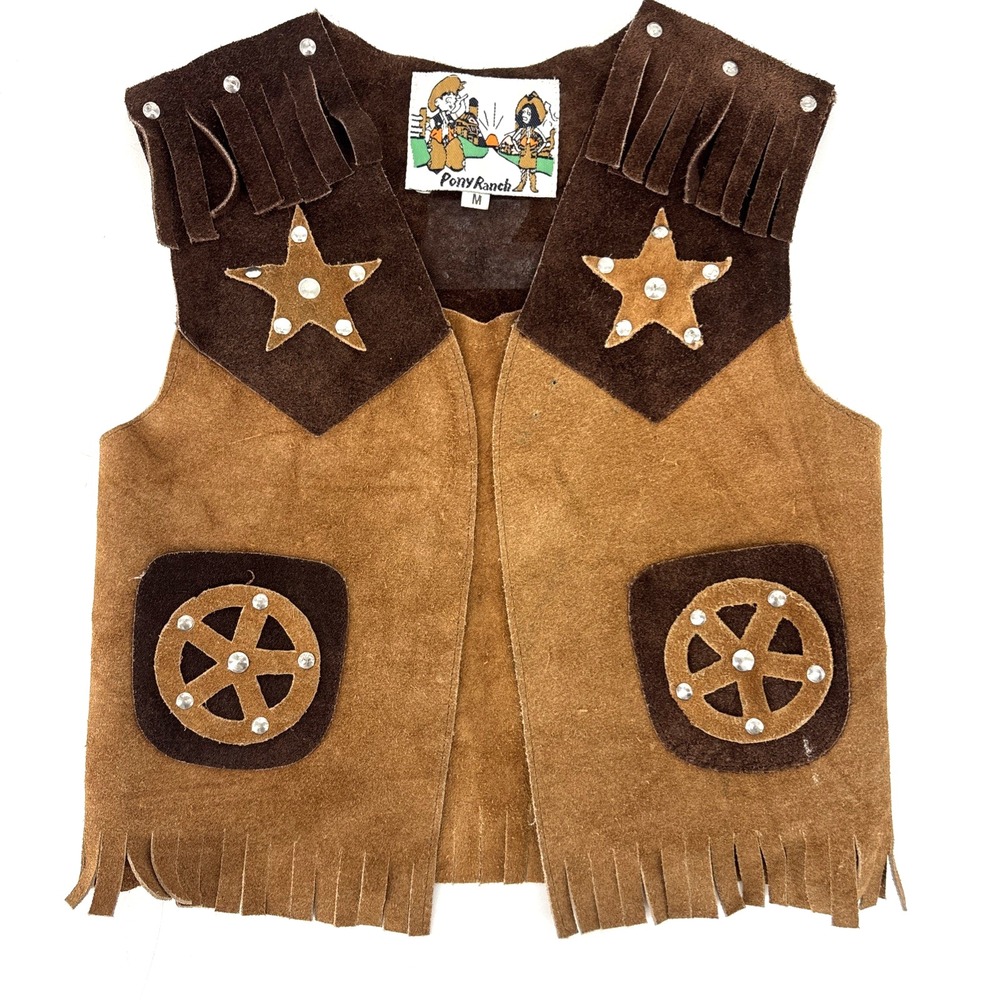 Vintage Childrens Brown Leather Suede Sheriffs Vest Costume USA‎ Western 70s
